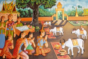 Preah Prom Rath Kloster. Leben des Buddha. Der junge Siddhartha Gautama und seine Mutter während eines Bauernfestes