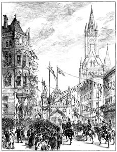 Prozession nähert sich dem Rathaus, Manchester, 1887 von Unbekannt