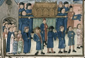 Prozession der Reliquien des Heiligen Nikolaus. Aus Livre de la confrérie Saint-Nicolas de..., Spätes 15. Jahrhundert