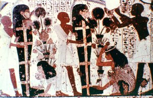 Reinigung der Mumien, Detail aus einer Tempelwandmalerei, Theben, Ägypten