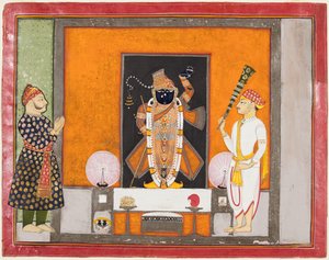 Raja Ram Singh verehrt Krishna als Brij Nathji den Bräutigam, ca. 1820