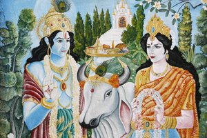 Rama, Sita und heilige Kuh. Rama ist die 7. Reinkarnation von Vishnu. Pashupatinah, Kathmandu, Nepal von Unbekannt