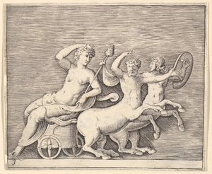 Liegende weibliche Figur auf einem von zwei Kentauren gezogenen Wagen, veröffentlicht ca. 1599-1622 von Unbekannt