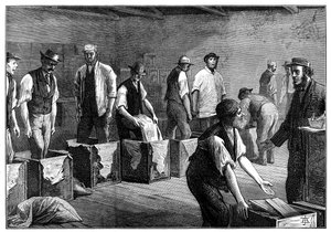 Auffüllen von Truhen in einem Teelager, 1874