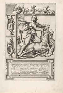 Relief mit Mithras, der auf einem Stier kniet und ein Schwert in seine Schulter treibt, links zw..., 1564