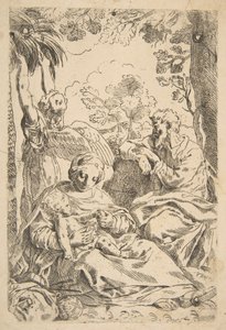 Ruhe in Ägypten, Heilige Familie sitzt, während ein Engel an Baumzweigen zieht..., ca. 1637-1639 oder danach von Unbekannt