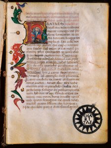 Darstellung des Heiligen Hieronymus (347-420), illuminierte Seite aus "Opuscola theologica"