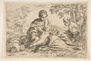 Ruhe auf der Flucht nach Ägypten, Maria hält das Jesuskind mit dem heiligen Josef