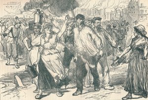 Aufständische und Petroleusen, die öffentliche Gebäude in Paris während der Pariser Kommune anzünden, 1871