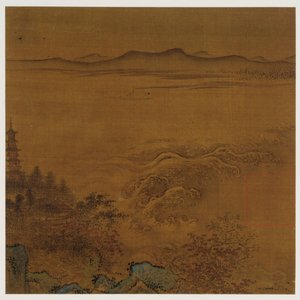 Flusslandschaft: eine Pagode, schäumende Stromschnellen, ferne Hügel, Ming-Dynastie, 1368-1644