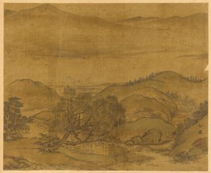 Flusslandschaft: eine Weide und andere Bäume, sanfte Hügel..., Yuan- oder Ming-Dynastie, 1279-1644