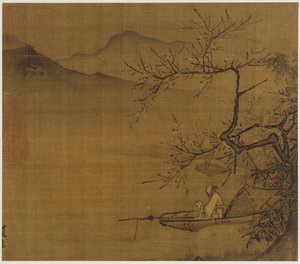 Flusslandschaft: ein Mann liest in einem Boot, das unter einem blühenden Baum verankert ist, Ming-Dynastie, 1368-1644
