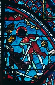 Roland durchbohrt den Riesen Ferragut im Nabel, Buntglas, Kathedrale von Chartres, 1194-1260