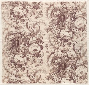 Rollenbedruckte Baumwolle mit Design einer Frau, die eine Laute spielt, frühe 1800er Jahre von Unbekannt