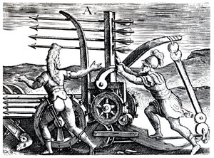 Römische Soldaten benutzen eine Kriegsmaschine, die mehrere Pfeile abschießt, 1605