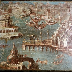 Römische Wandmalerei einer Hafenszene, Stabiae, nahe Pompeji, Italien