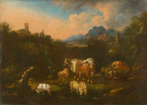 Romantische Landschaft mit Herde