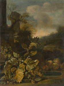 Romantische Landschaft mit Stillleben und antiker Säule von Unbekannt
