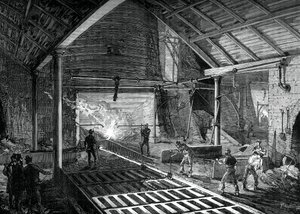 Gießen des flüssigen Eisens in die Formen, um 1880