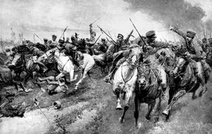 Russische Kosaken greifen die deutsche Armee an, Ostpreußen, Erster Weltkrieg, 1914