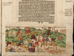 Russische Gräueltaten in Livland im Jahr 1578. Aus Johann Jakob Wicks Sammlung von Nachrichten von Unbekannt