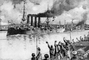 Russischer Kreuzer auf dem Weg zur Schlacht von Chemulpo, Russisch-Japanischer Krieg