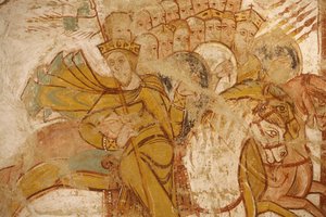 Malerei der Abtei Saint-Savin: Könige, die von Abraham und seinen Anhängern angegriffen werden, Saint-Savin-sur-Gartempe, Frankreich von Unbekannt