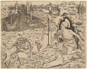 Heiliger Hieronymus in Buße, mit zwei Schiffen in einem Hafen, ca. 1480-1500 von Unbekannt