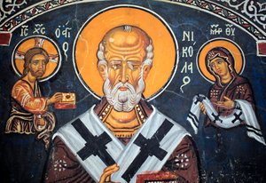 Der heilige Nikolaus umgibt Christus und Maria Byzantinisches Fresko aus dem 14. Jahrhundert (1332) Narthex, Südwand Phorbiotissa Jungfrauenkirche, Asinou UNESCO-Stätte Troodos-Region, Zypern von Unbekannt