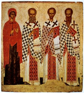 Heilige Paraskeve, Gregor der Theologe, Johannes Chrysostomus und Basilius der Große, frühes 15. Jahrhundert von Unbekannt