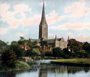 Kathedrale von Salisbury vom Fluss Avon aus gesehen, Salisbury, Wiltshire, frühes 20. Jahrhundert