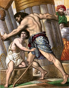 Samson zerstört den Tempel des Dagon, Gott der Philister, Mitte 19. Jahrhundert