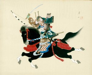 Samurai-Krieger reitet ein Pferd. Ein japanisches Gemälde auf Seide im traditionellen japanischen Stil von Unbekannt