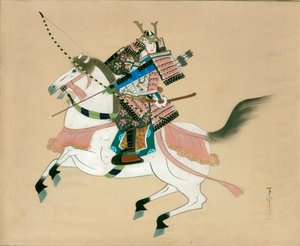 Samurai-Krieger auf einem Pferd. Ein japanisches Gemälde auf Seide im traditionellen japanischen Stil