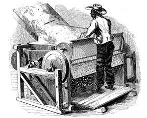 Säge-Gin zur Reinigung von Baumwolle, betrieben von einem barfüßigen schwarzen Arbeiter, südliche USA, 1865