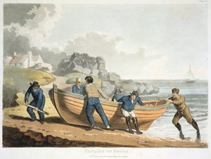 Seeleute ziehen ein klinkergebautes Dingi an Land, 1821