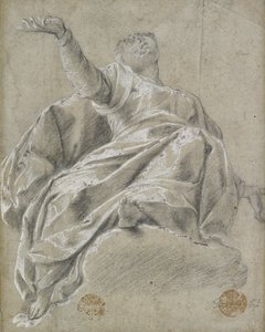 Sitzende weibliche Figur auf einer Wolke, nach oben blickend