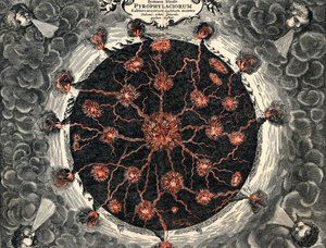 Querschnitt der Erde, zeigt zentrales Feuer und Vulkane, 1665 von Unbekannt