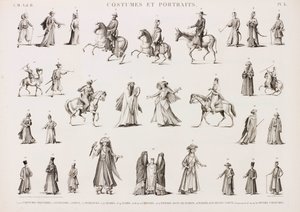 Serie von Illustrationen von Menschen in verschiedenen Kostümen von Unbekannt