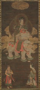 Shakyamuni-Triade: Buddha begleitet von Manjushri und Samantabhadra Bodhisattva mit Elefant