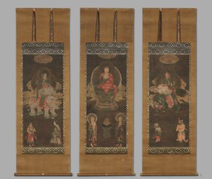 Shakyamuni-Triade: Buddha begleitet von Manjushri und Samantabhadra, späte 1300er