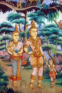 Siddhartha Gautama, seine Frau Yashodhara und sein Sohn Rahula. Gemälde, das die Lebensgeschichte von Shakyamuni Buddha darstellt. Wat Naxai. Vientiane. Laos