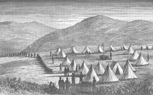 Sir Garnet Wolseleys Lager in Ulundi: Zulus kommen, um ihre Waffen abzugeben, ca. 1880