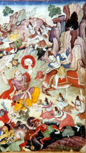 Siva zerstört den Dämon und Haka, Harivamsa-Manuskript, Mughal-Schule, um 1590