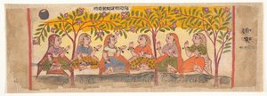 Sechs Gopis unter Bäumen sitzend: Seite aus einem verstreuten Bhagavata Purana, 1600-10 von Unbekannt