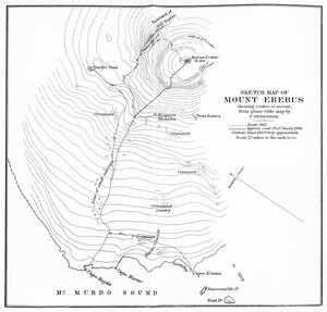 Skizzenkarte des Mount Erebus mit Aufstiegsrouten, um 1912-1913