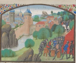 Soldaten spielen Würfel vor der Stadt Caesarea. Miniatur aus der Historia von Wilhelm von Tyrus von Unbekannt