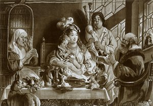 Sopranblockflöten und Dudelsäcke, Brüsseler Gobelin entworfen von Jacobus Jordaens, 1948 von Unbekannt