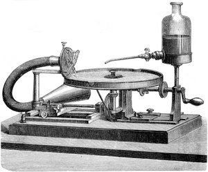 Tonaufnahme Scheibe Elektrizitätsmotor Batterie Flüssigkeit, um 1880