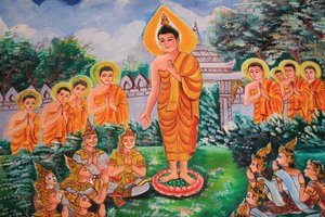 Verbreitung des Dharma. Leben Buddhas. Deckenmalerei, die das Leben Buddhas darstellt. Wat Inpeng. Vientiane. Laos von Unbekannt